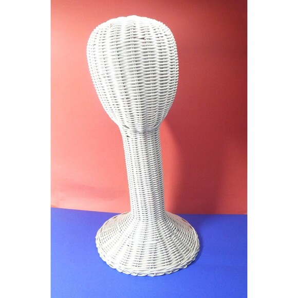 White Wicker Mannequin Head Hat Stand Display Vintage MCM 19" Tall Long Neck - Picture 2 of 14